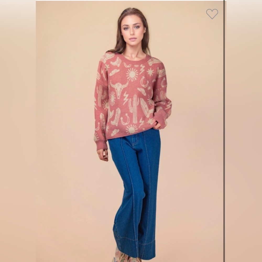 Nwt Western Graphic Oversized Knit Sweater Top - Picture 3 of 4